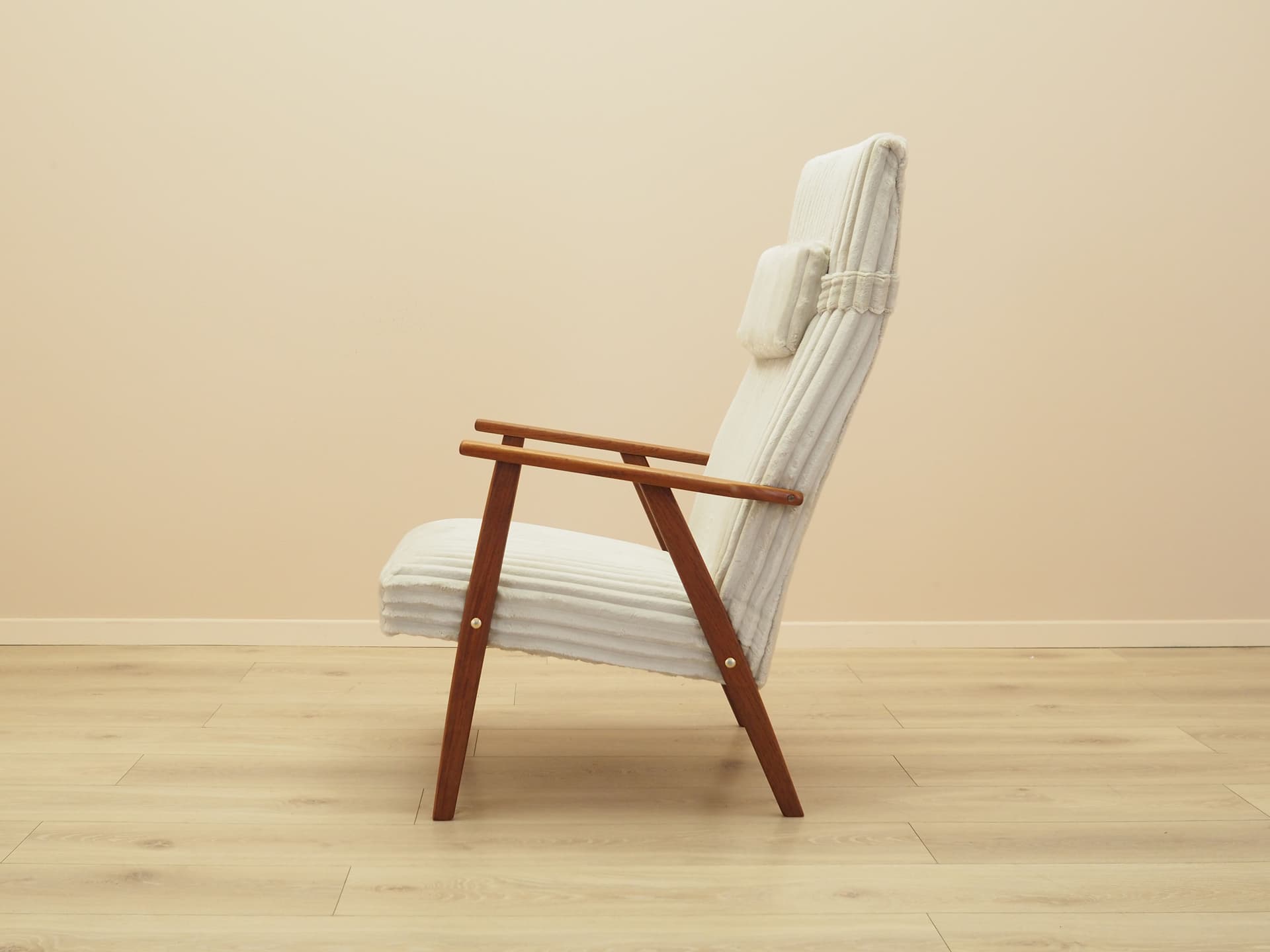 Lounge chair, brown teak, beige velvet, Denmark, 1960s. - 402114