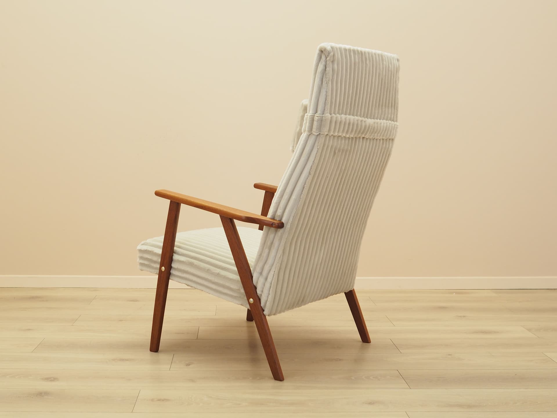 Lounge chair, brown teak, beige velvet, Denmark, 1960s. - 402116