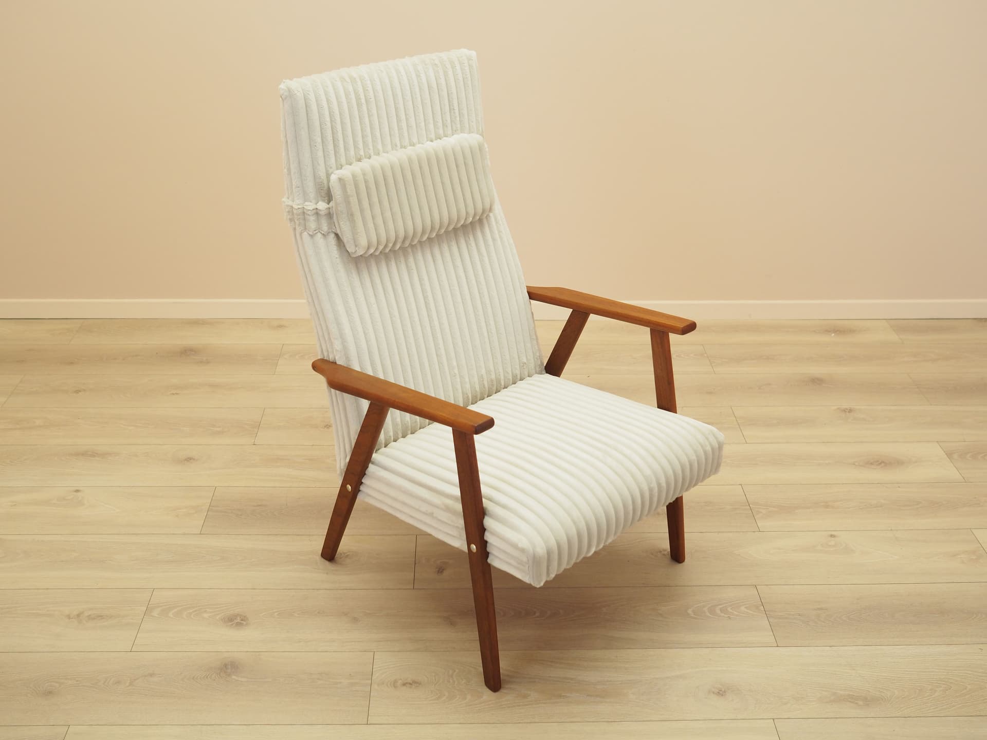 Lounge chair, brown teak, beige velvet, Denmark, 1960s. - 402113