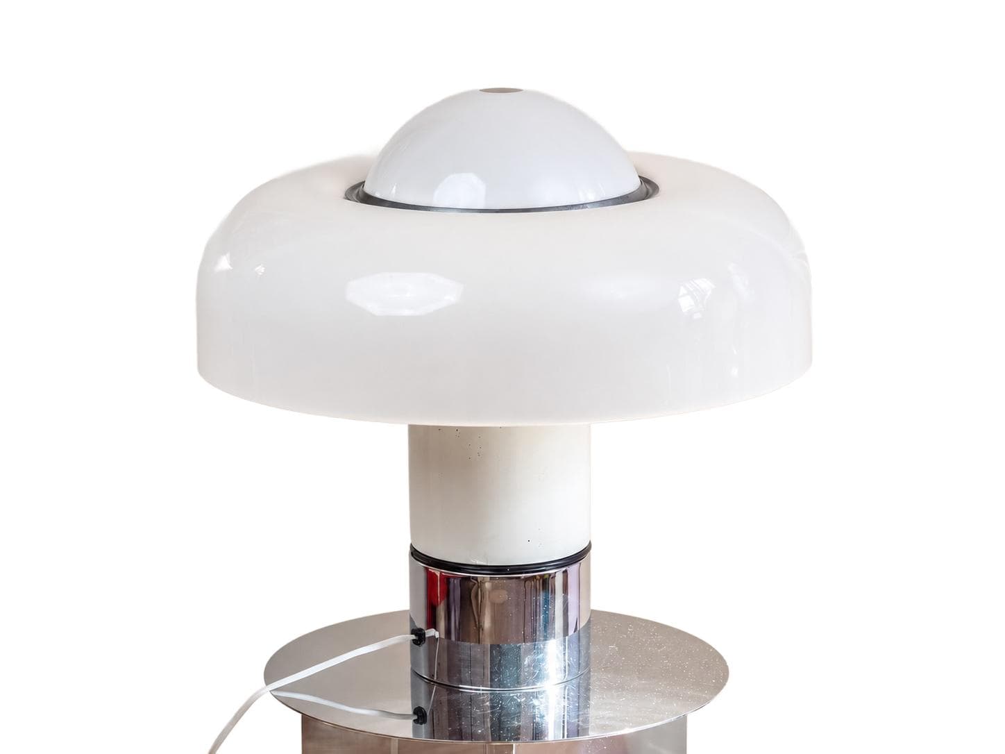Table Lamp Brumbury, white acrylic, silver metal, by L. Massoni, Guzzini, Italy, 1970s.
