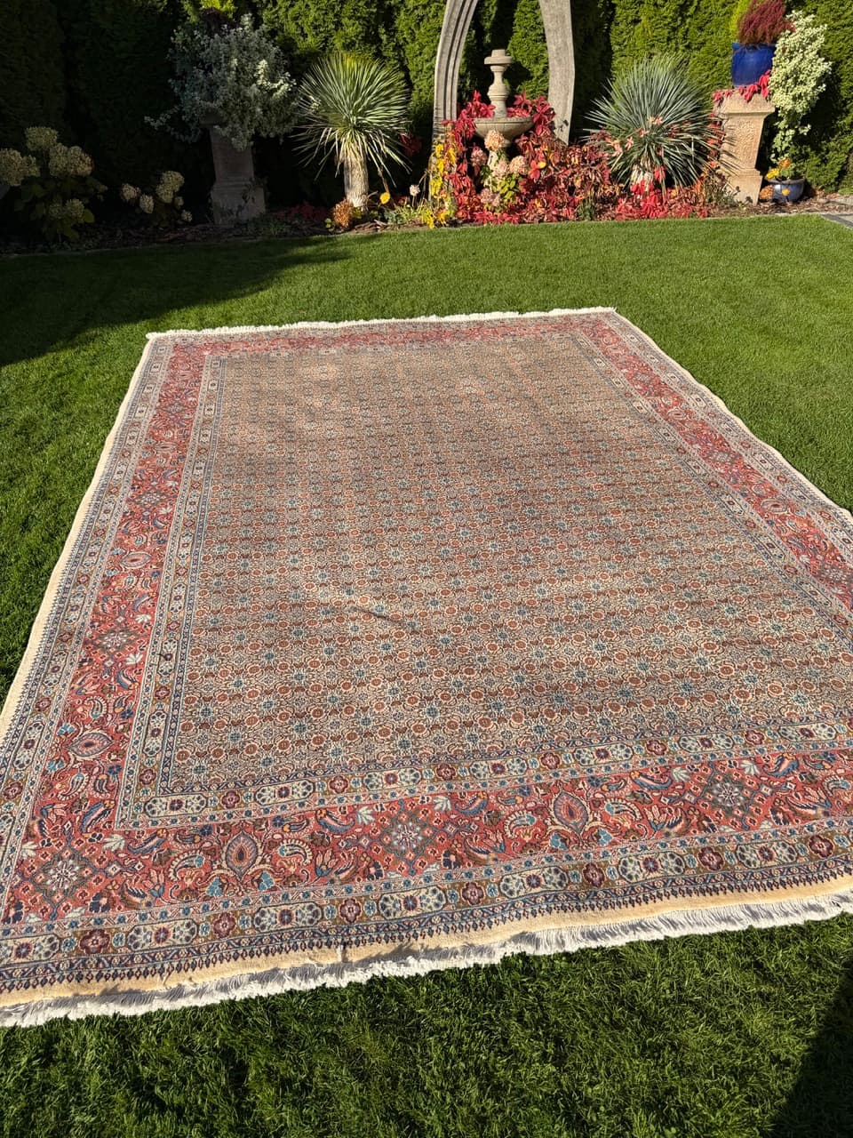 Rug Moud 350x250 cm, beige gold red blue white grey, cashmere wool silk, Iran - 402380