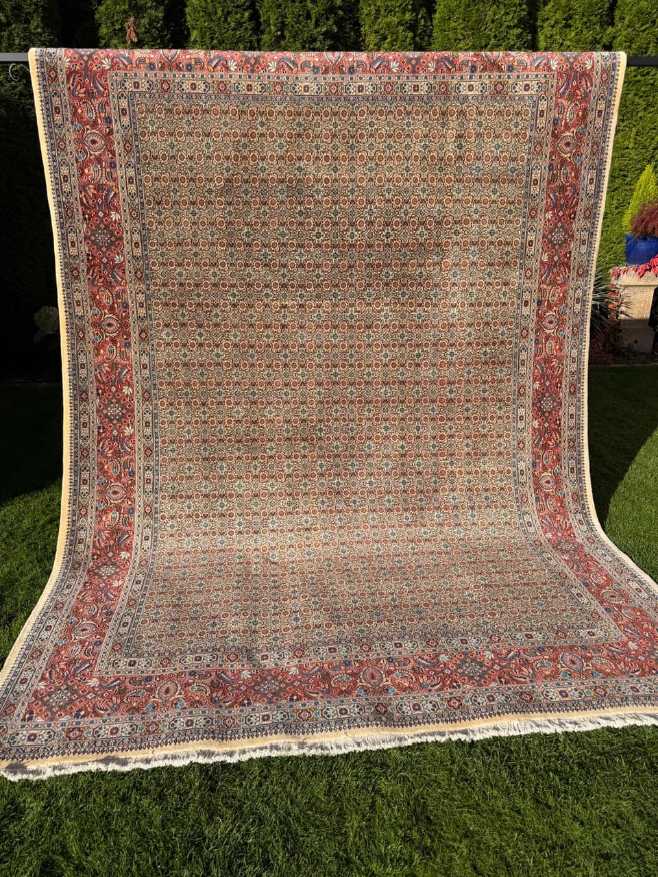 Rug Moud 350x250 cm, beige gold red blue white grey, cashmere wool silk, Iran - 402377