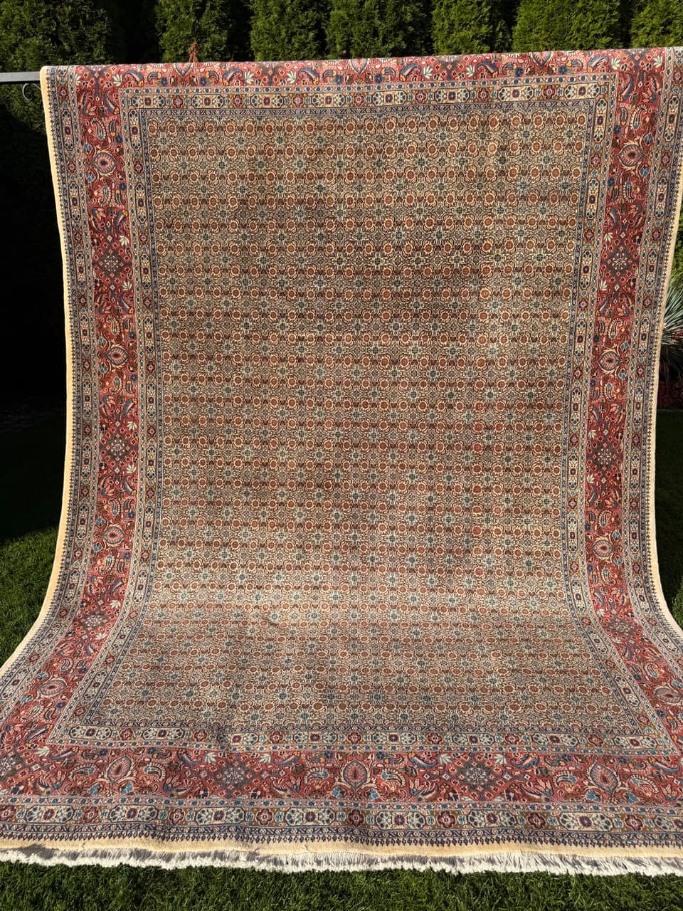 Rug Moud 350x250 cm, beige gold red blue white grey, cashmere wool silk, Iran - 402381