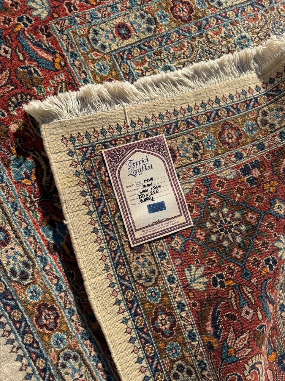 Rug Moud 350x250 cm, beige gold red blue white grey, cashmere wool silk, Iran - 402378
