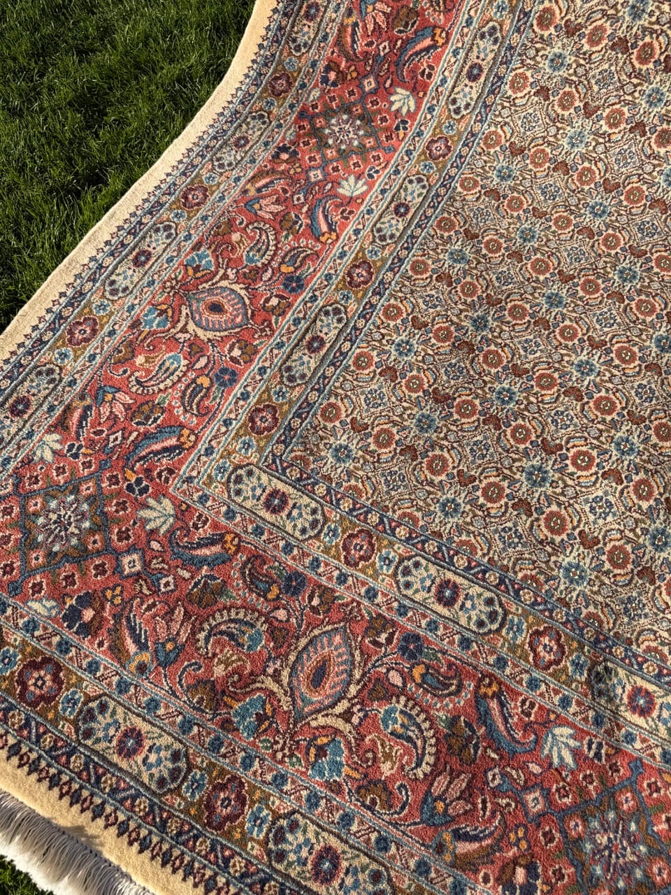 Rug Moud 350x250 cm, beige gold red blue white grey, cashmere wool silk, Iran - 402383