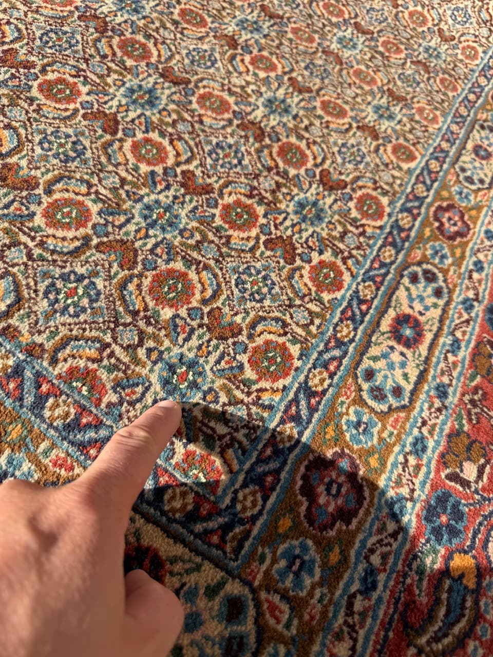 Rug Moud 350x250 cm, beige gold red blue white grey, cashmere wool silk, Iran - 402373
