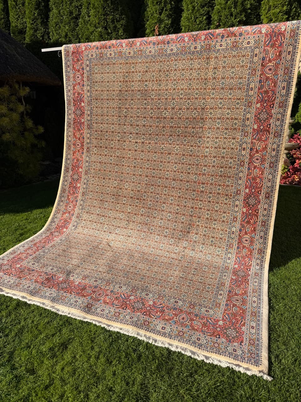 Rug Moud 350x250 cm, beige gold red blue white grey, cashmere wool silk, Iran - 402371