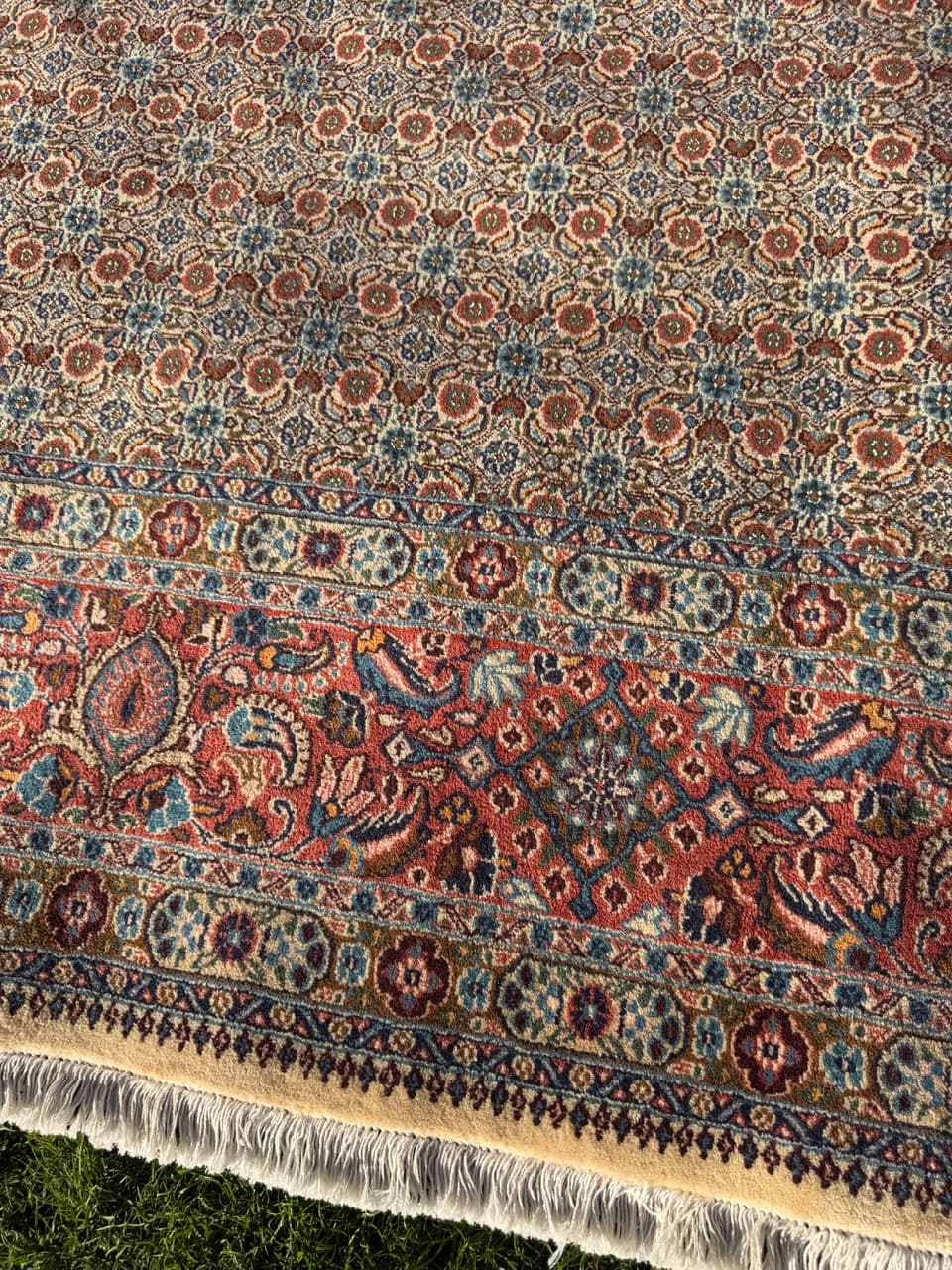 Rug Moud 350x250 cm, beige gold red blue white grey, cashmere wool silk, Iran - 402385
