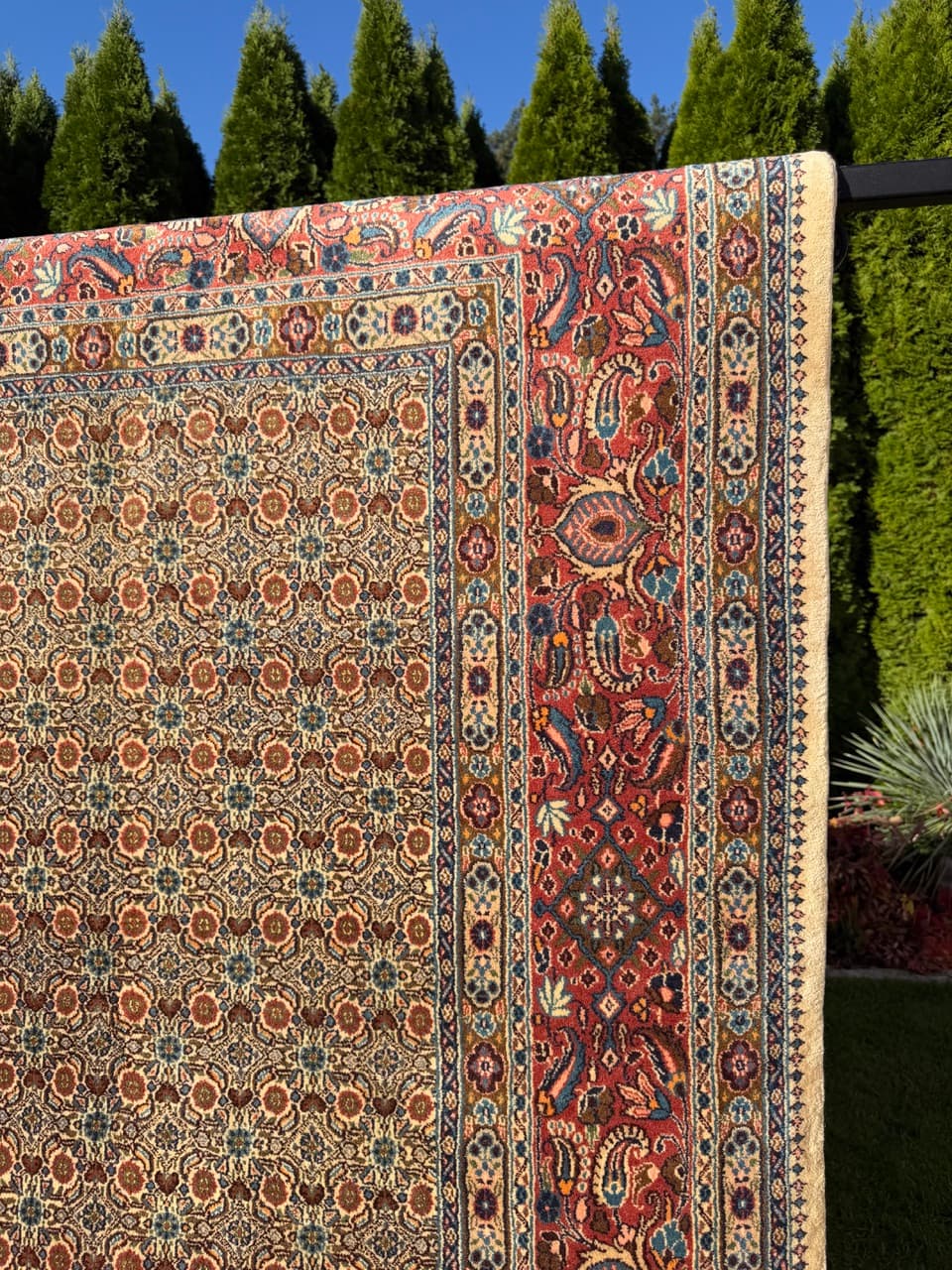 Rug Moud 350x250 cm, beige gold red blue white grey, cashmere wool silk, Iran - 402375