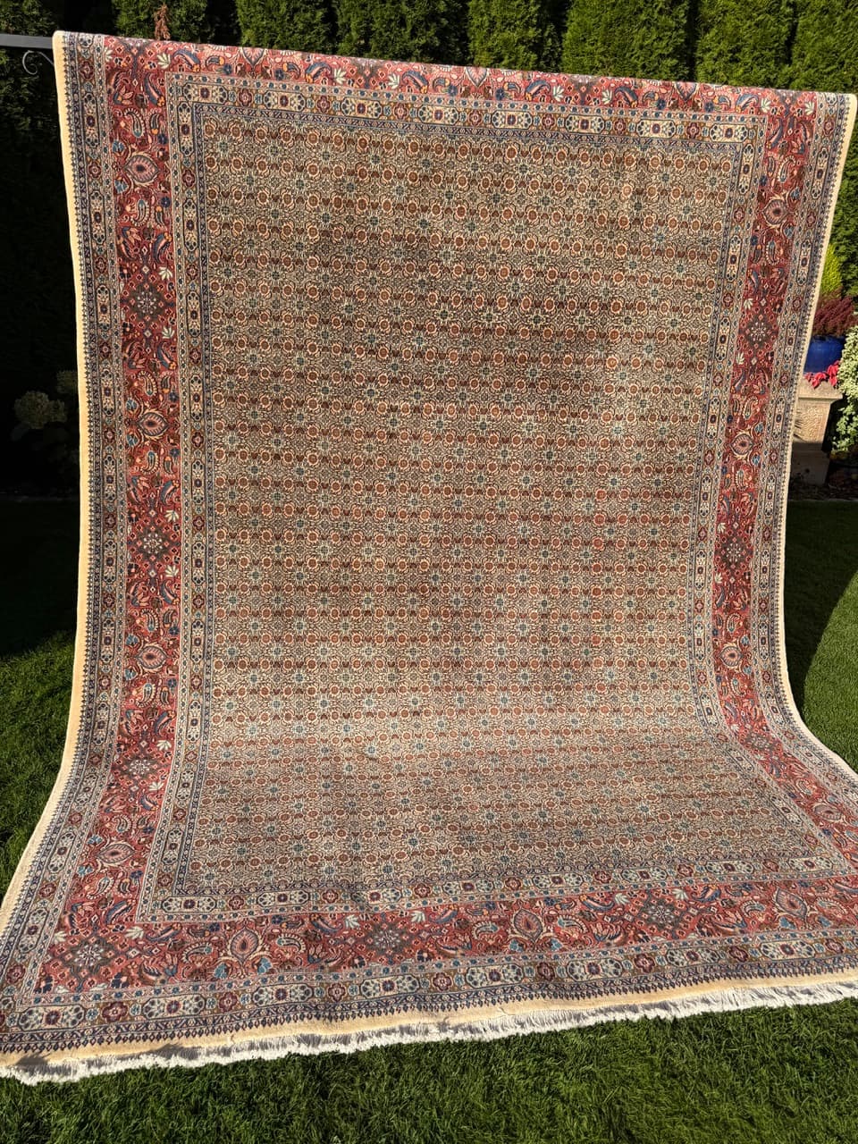 Rug Moud 350x250 cm, beige gold red blue white grey, cashmere wool silk, Iran - 402382