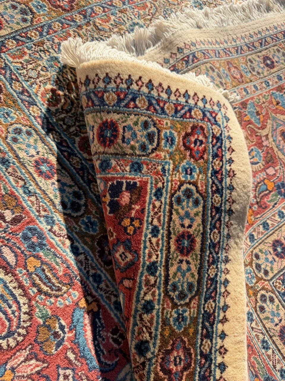 Rug Moud 350x250 cm, beige gold red blue white grey, cashmere wool silk, Iran - 402379