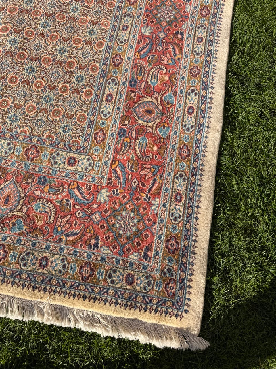Rug Moud 350x250 cm, beige gold red blue white grey, cashmere wool silk, Iran - 402372