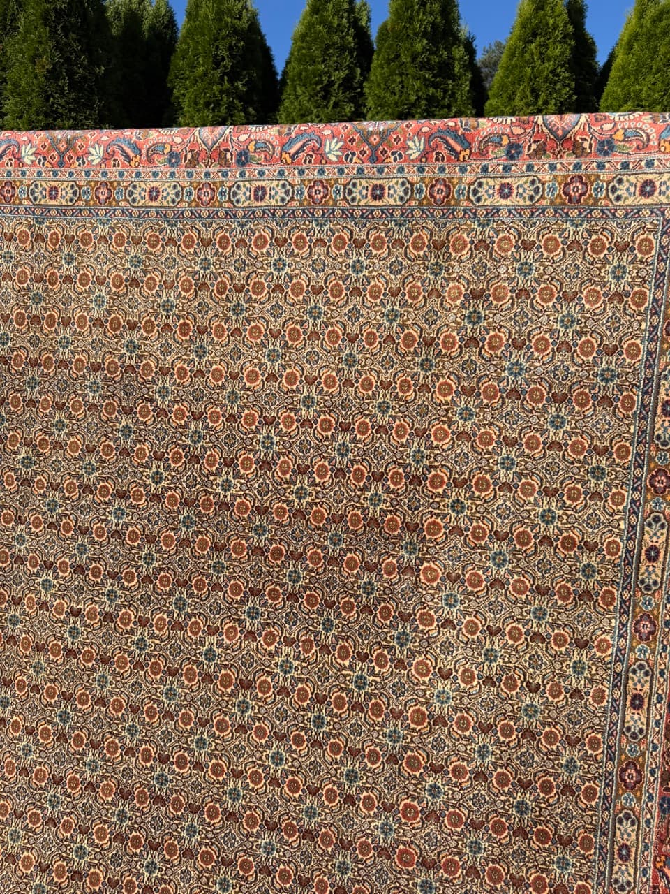 Rug Moud 350x250 cm, beige gold red blue white grey, cashmere wool silk, Iran - 402376