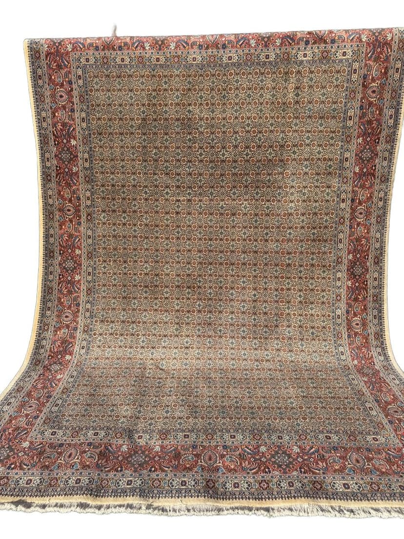 Rug Moud 350x250 cm, beige gold red blue white grey, cashmere wool silk, Iran