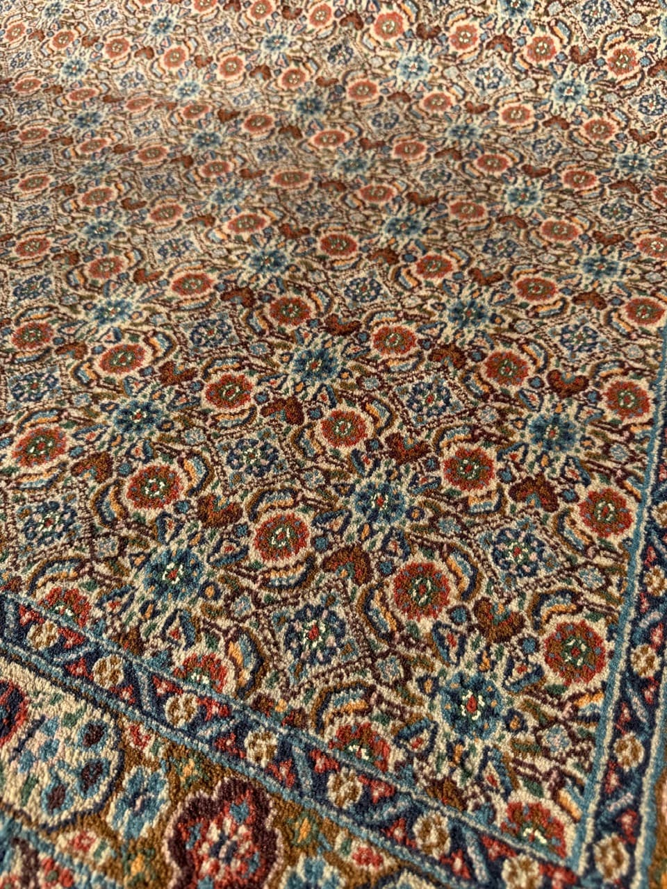 Rug Moud 350x250 cm, beige gold red blue white grey, cashmere wool silk, Iran - 402374