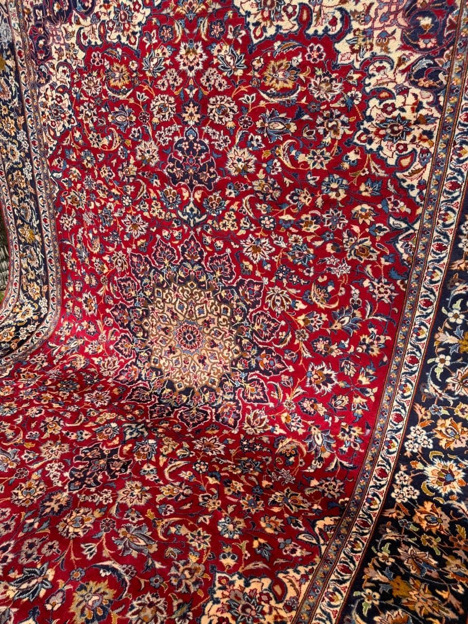 Rug Keshan 400x300 cm, red blue gold beige white, cashmere wool, Iran - 402387