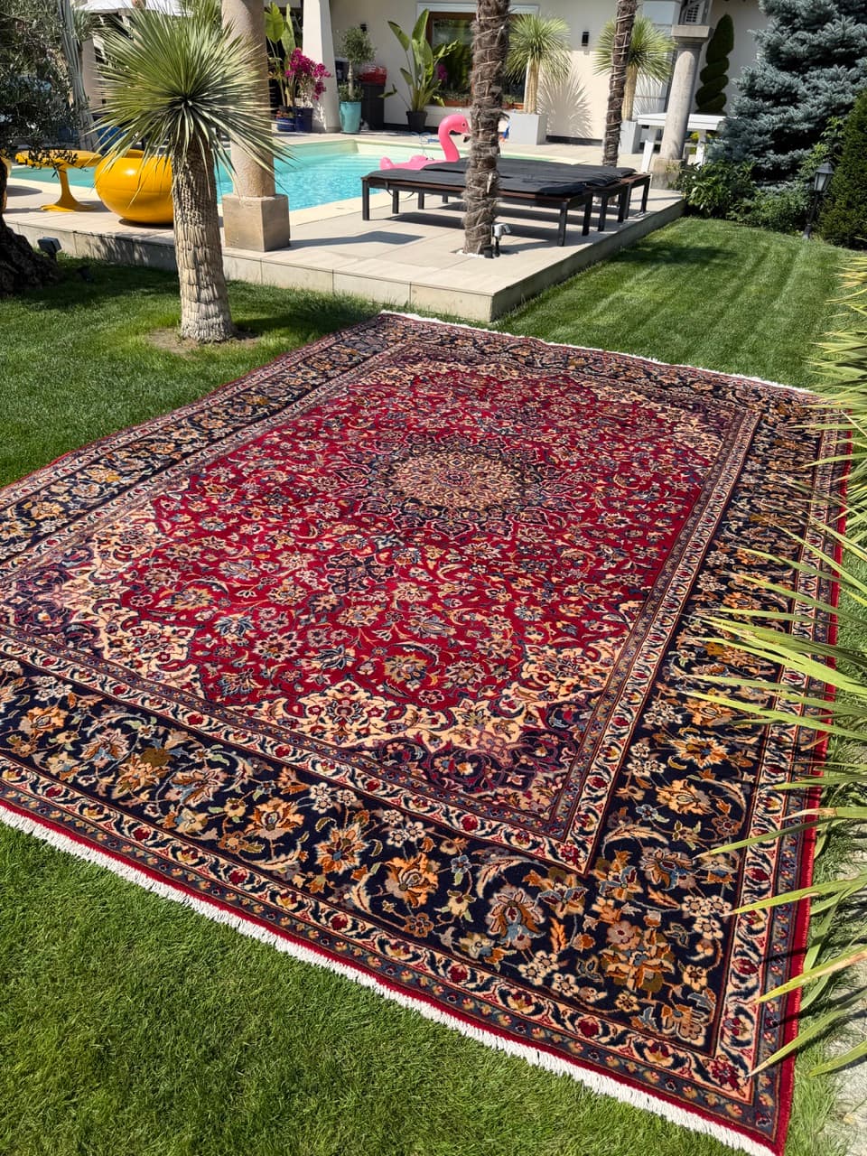 Rug Keshan 400x300 cm, red blue gold beige white, cashmere wool, Iran - 402390