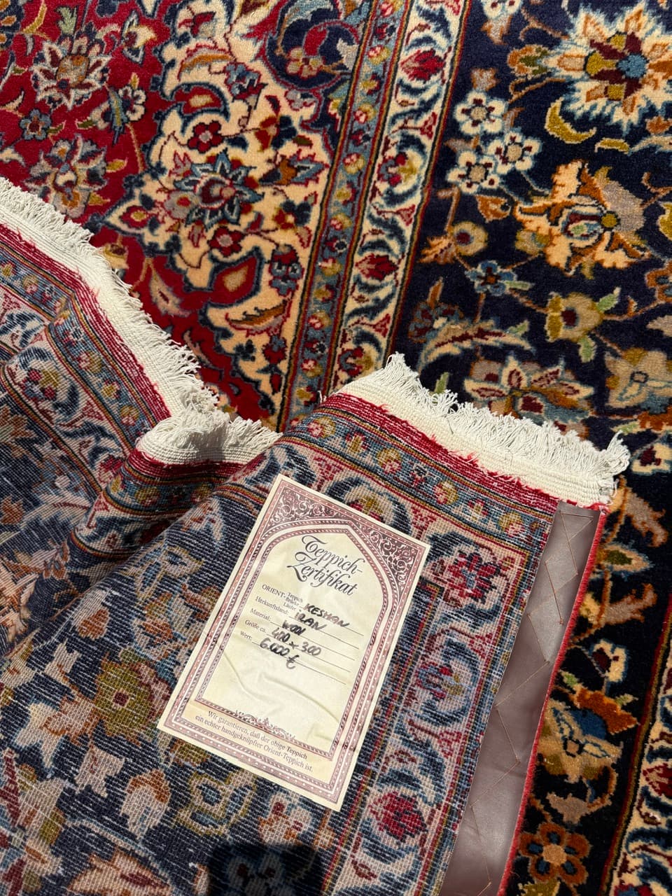 Rug Keshan 400x300 cm, red blue gold beige white, cashmere wool, Iran - 402388