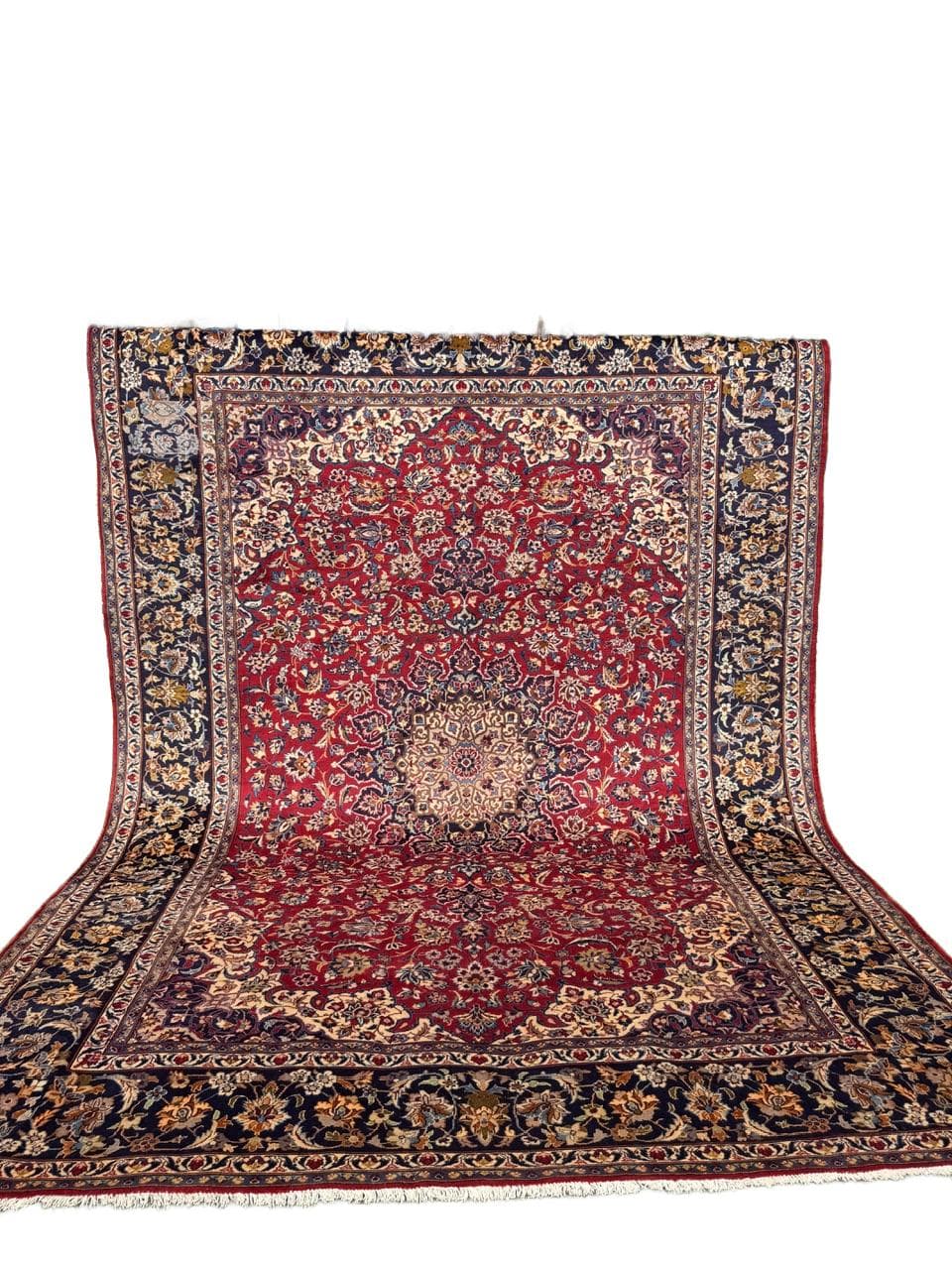 Rug Keshan 400x300 cm, red blue gold beige white, cashmere wool, Iran