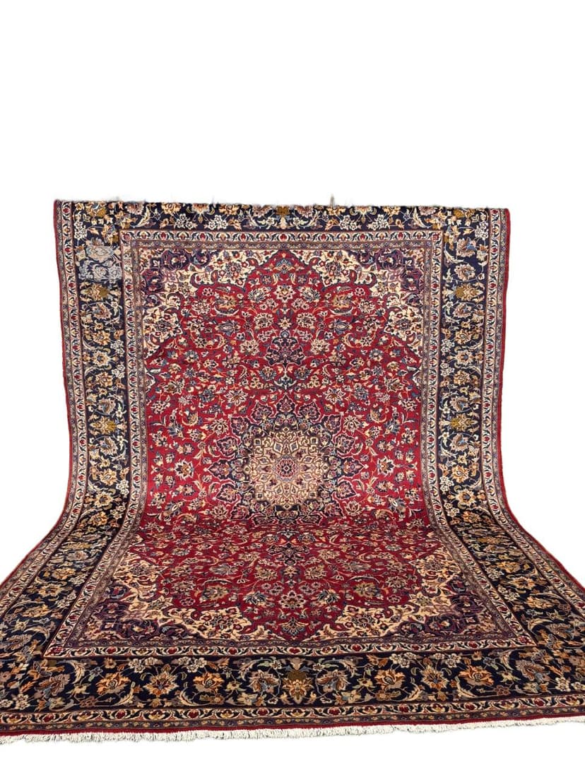 Rug Keshan 400x300 cm, red blue gold beige white, cashmere wool, Iran