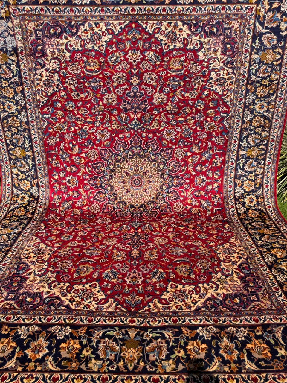 Rug Keshan 400x300 cm, red blue gold beige white, cashmere wool, Iran - 402393