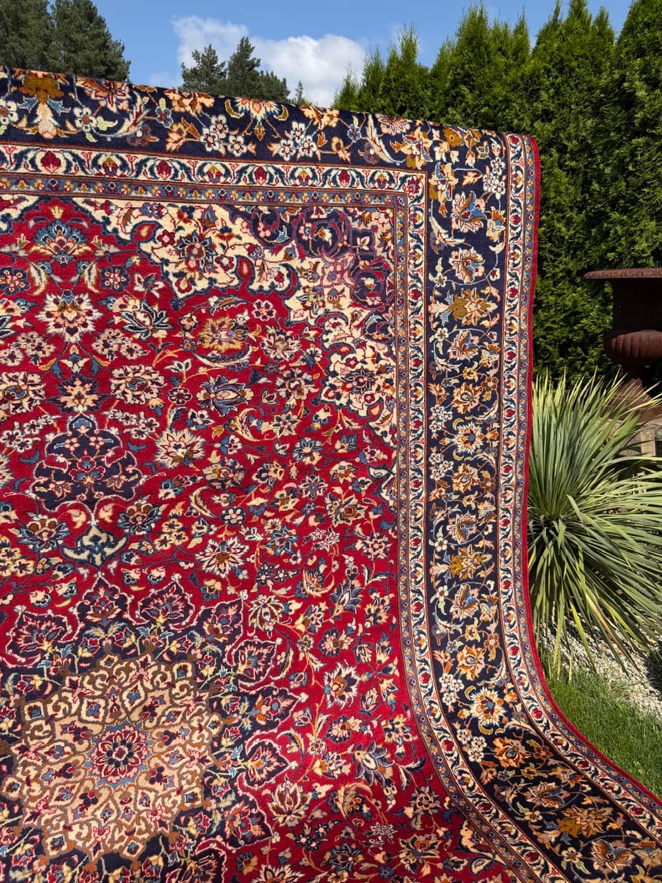 Rug Keshan 400x300 cm, red blue gold beige white, cashmere wool, Iran - 402392