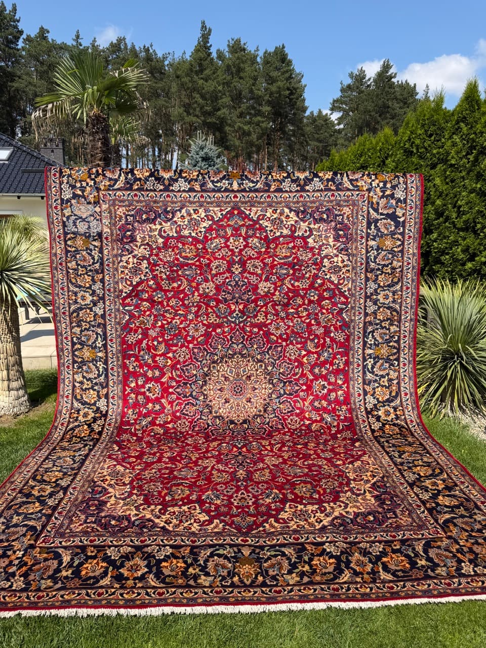 Rug Keshan 400x300 cm, red blue gold beige white, cashmere wool, Iran - 402386