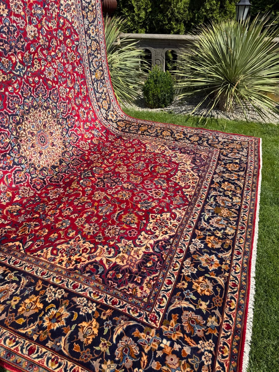 Rug Keshan 400x300 cm, red blue gold beige white, cashmere wool, Iran - 402394