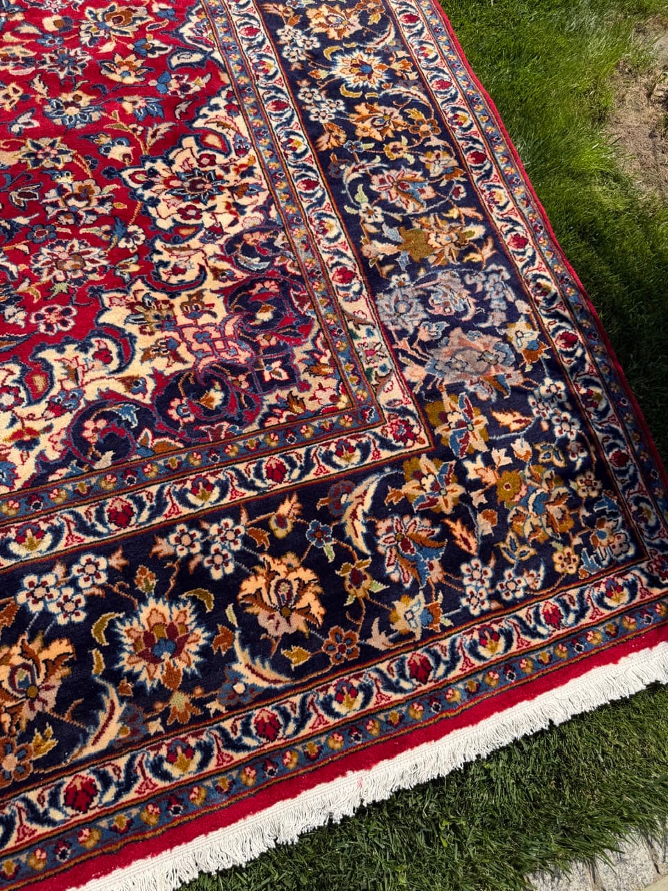 Rug Keshan 400x300 cm, red blue gold beige white, cashmere wool, Iran - 402389