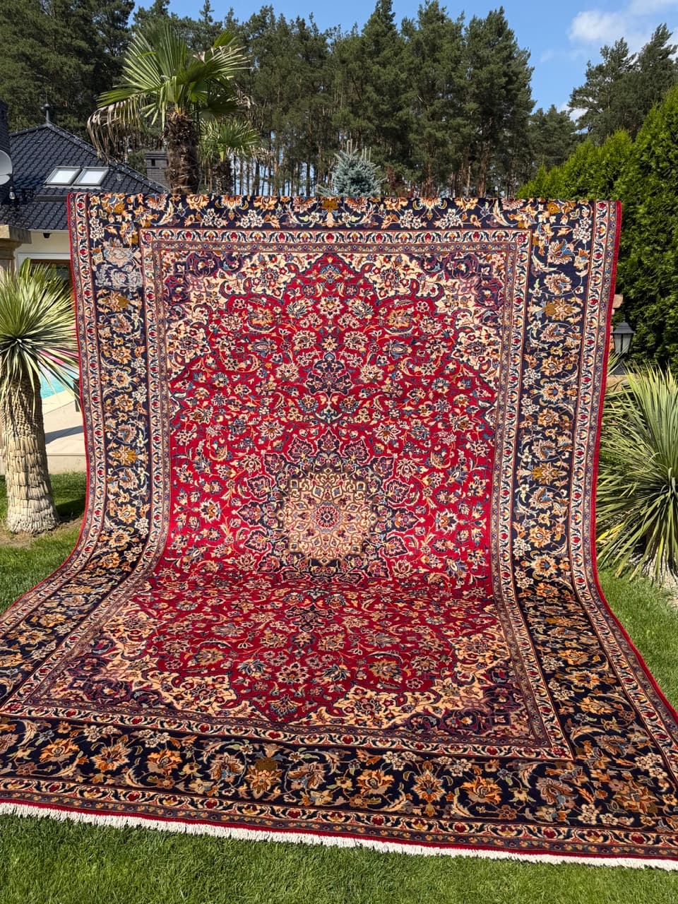 Rug Keshan 400x300 cm, red blue gold beige white, cashmere wool, Iran - 402395