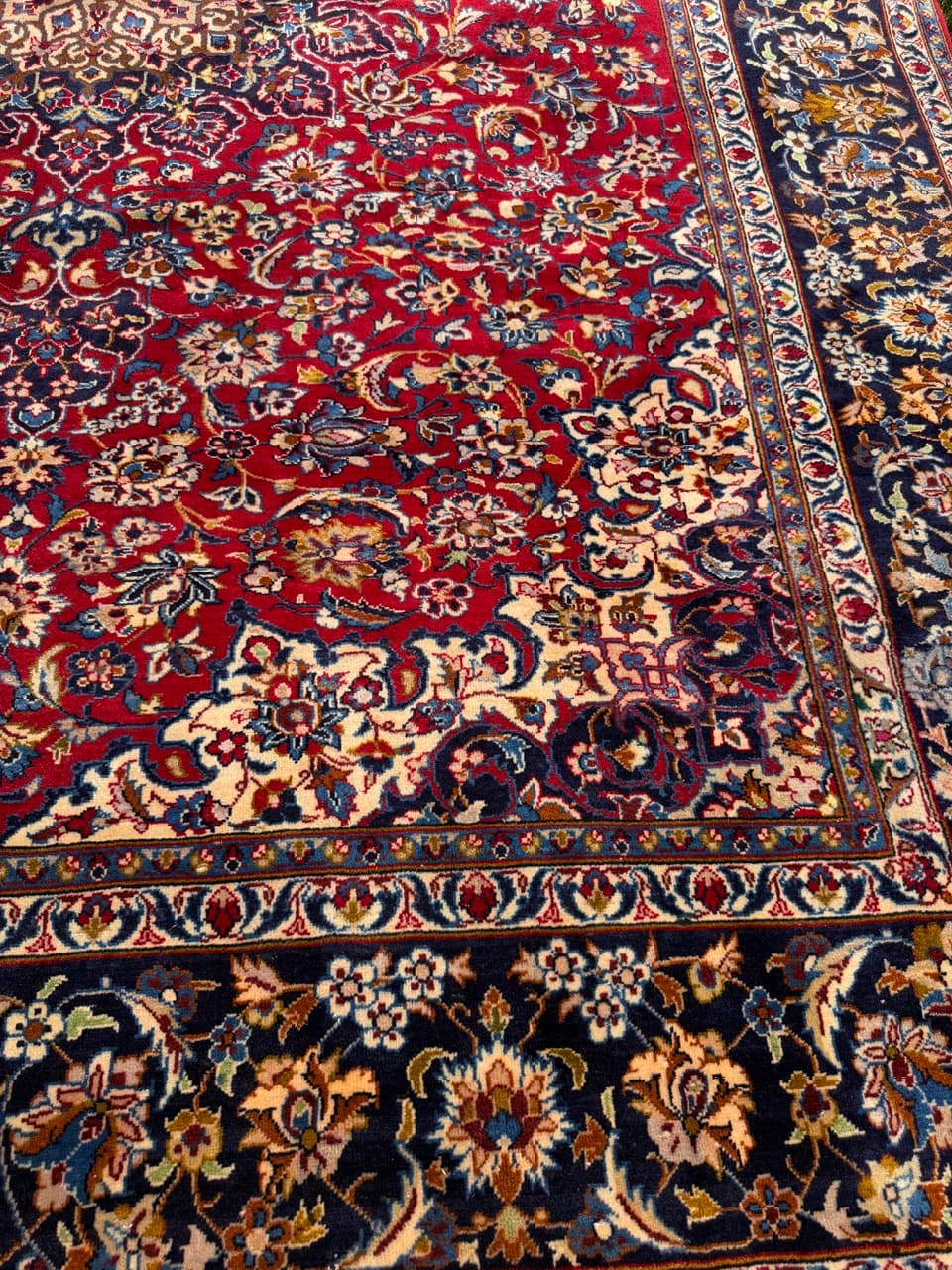 Rug Keshan 400x300 cm, red blue gold beige white, cashmere wool, Iran - 402397