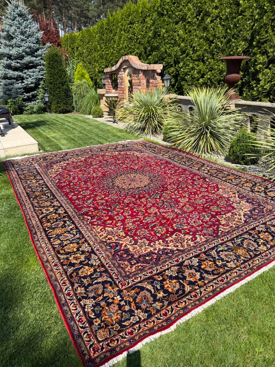 Rug Keshan 400x300 cm, red blue gold beige white, cashmere wool, Iran - 402396