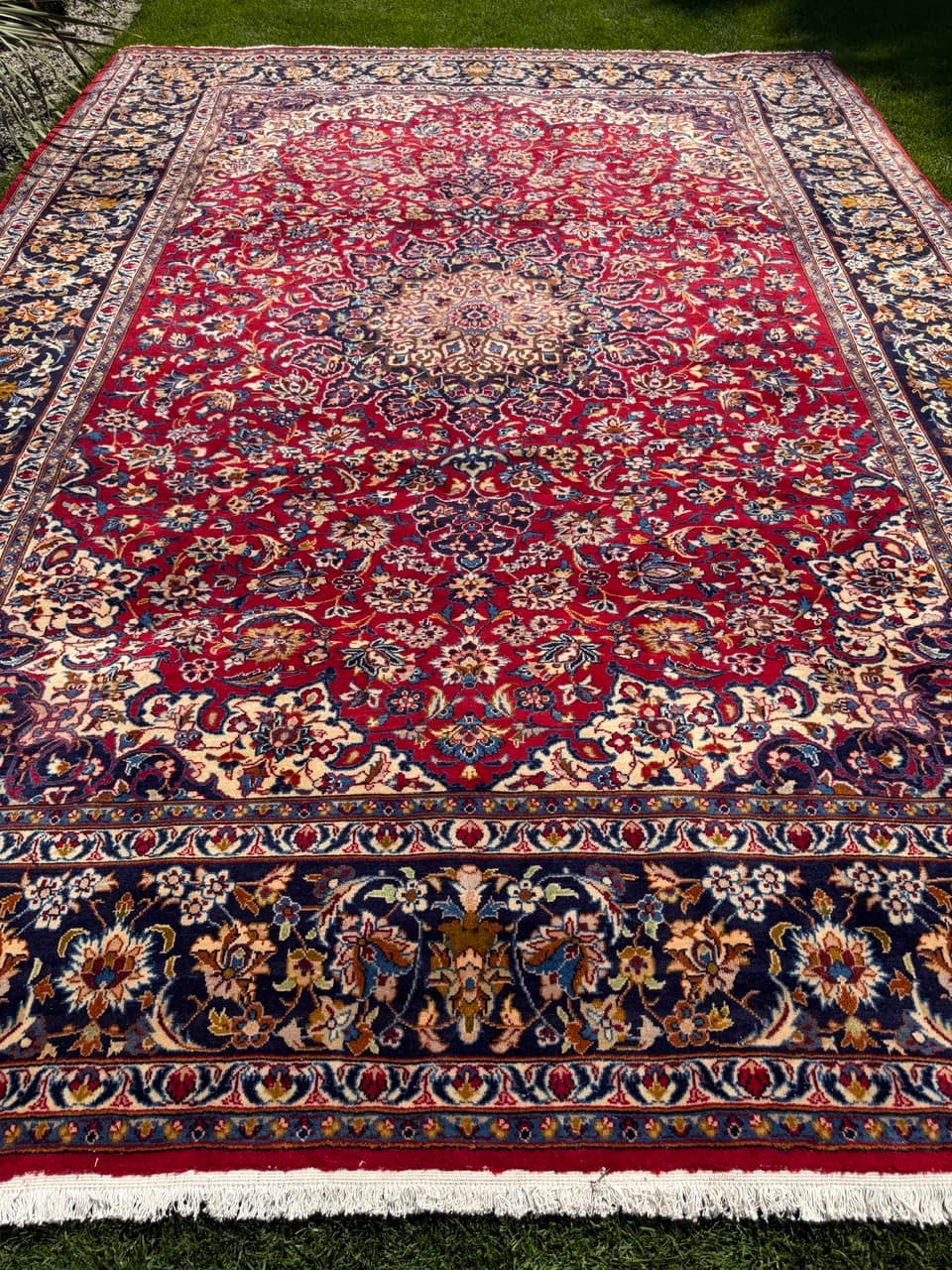 Rug Keshan 400x300 cm, red blue gold beige white, cashmere wool, Iran - 402398