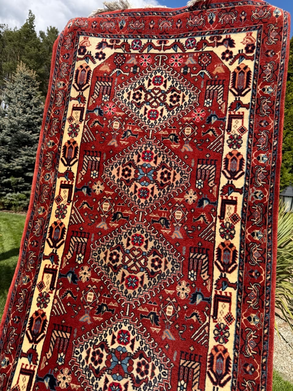 Runner Hamadan Kazak 335x88 cm, red cream blue brown, wool, Iran - 402430