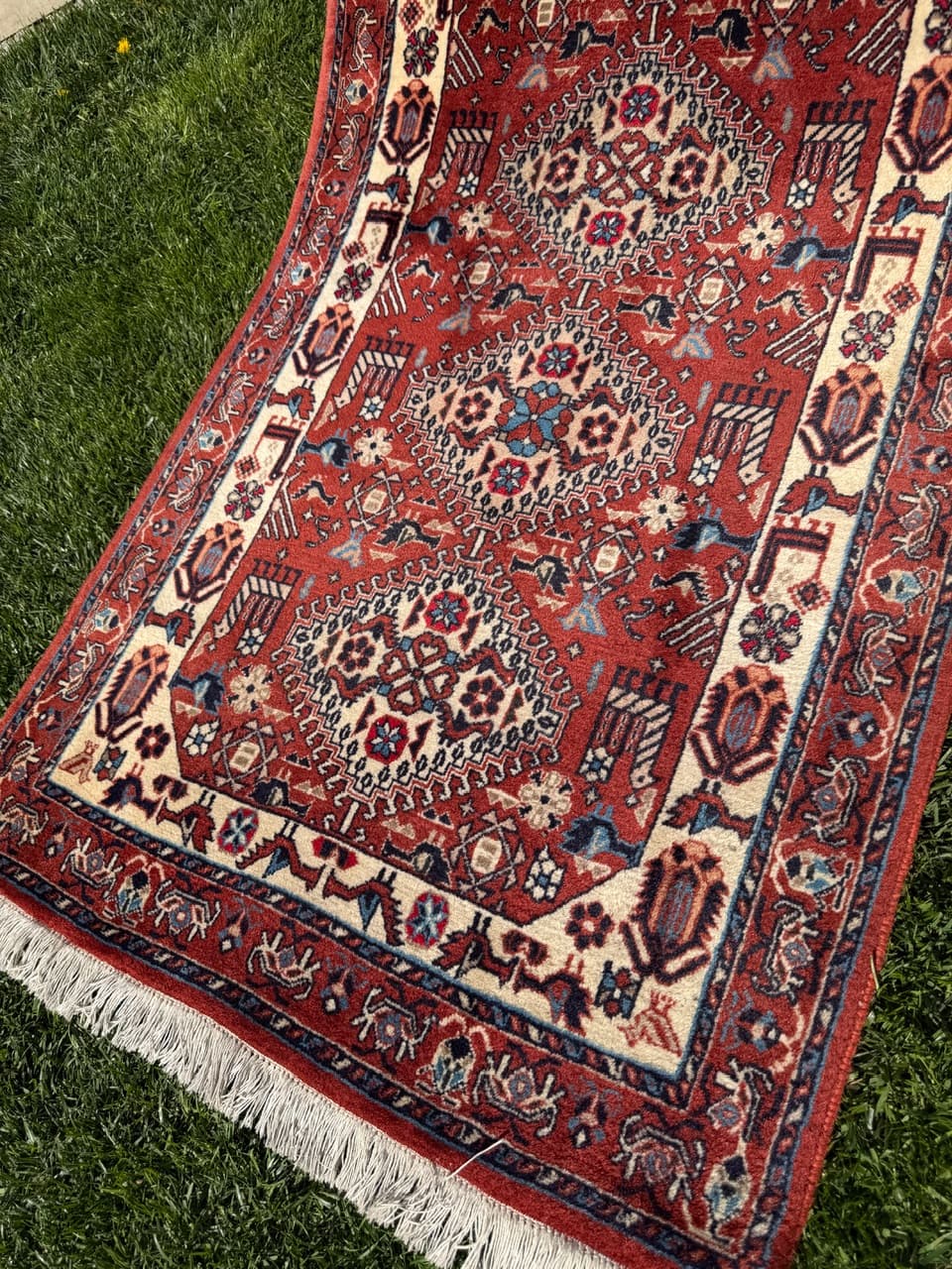 Runner Hamadan Kazak 335x88 cm, red cream blue brown, wool, Iran - 402426
