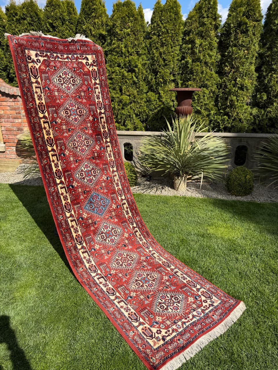Runner Hamadan Kazak 335x88 cm, red cream blue brown, wool, Iran - 402429