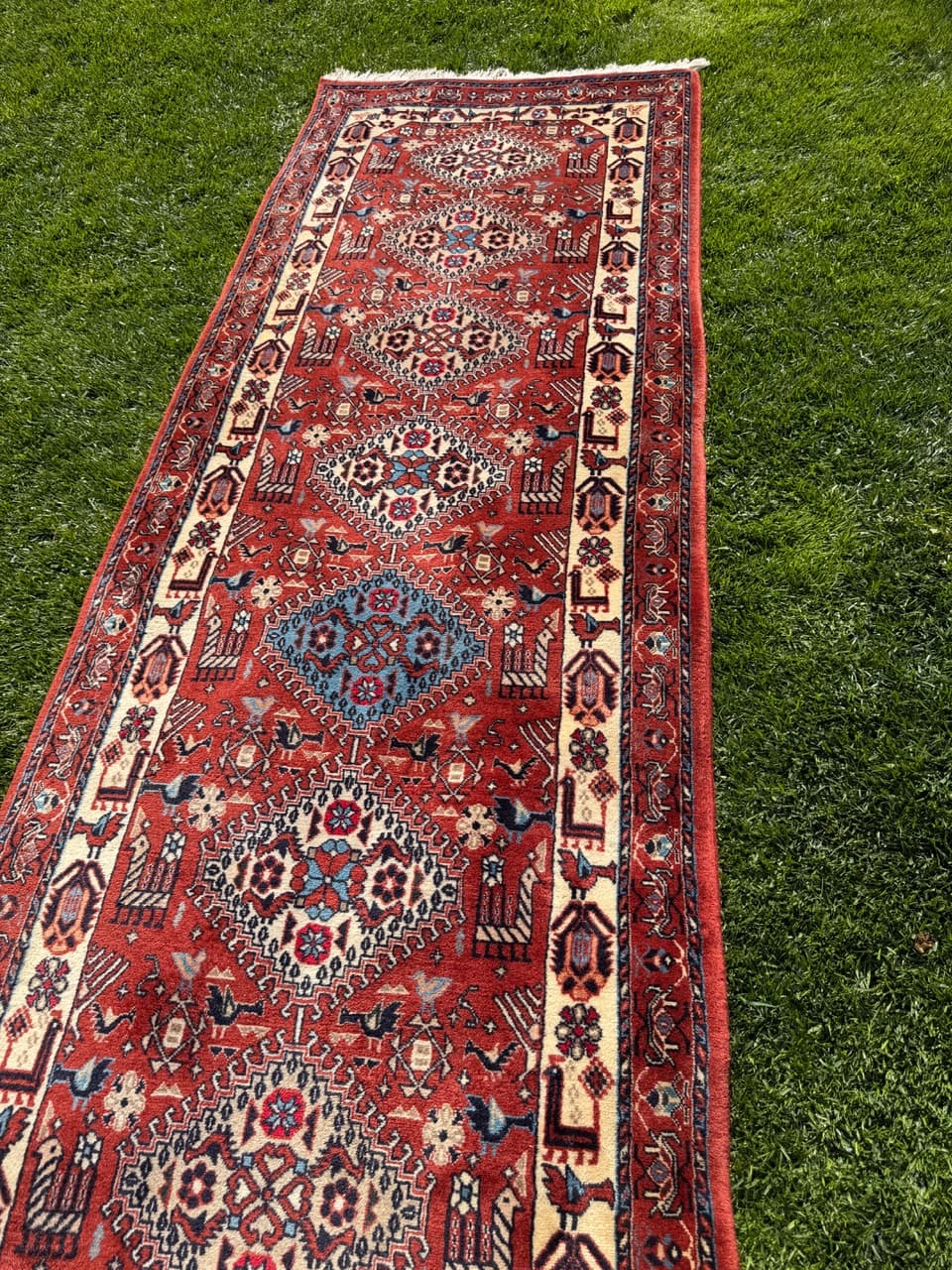 Runner Hamadan Kazak 335x88 cm, red cream blue brown, wool, Iran - 402428