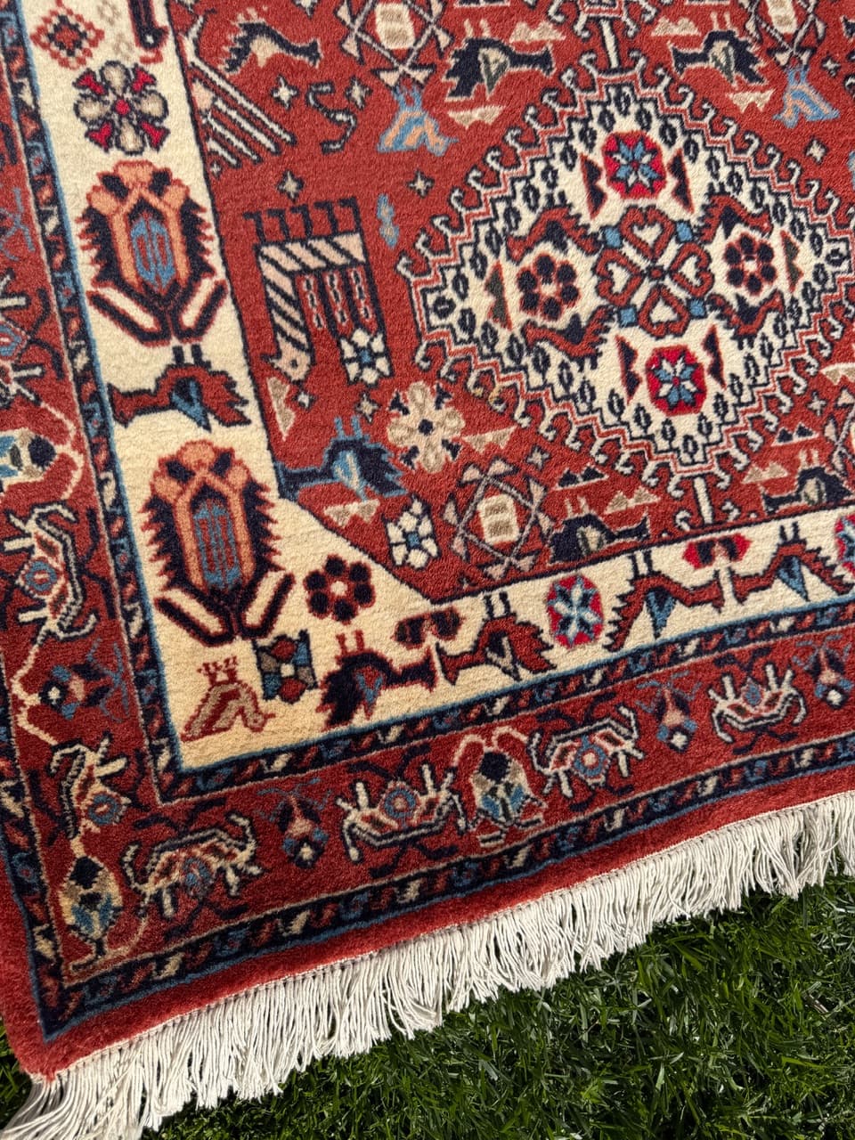 Runner Hamadan Kazak 335x88 cm, red cream blue brown, wool, Iran - 402422