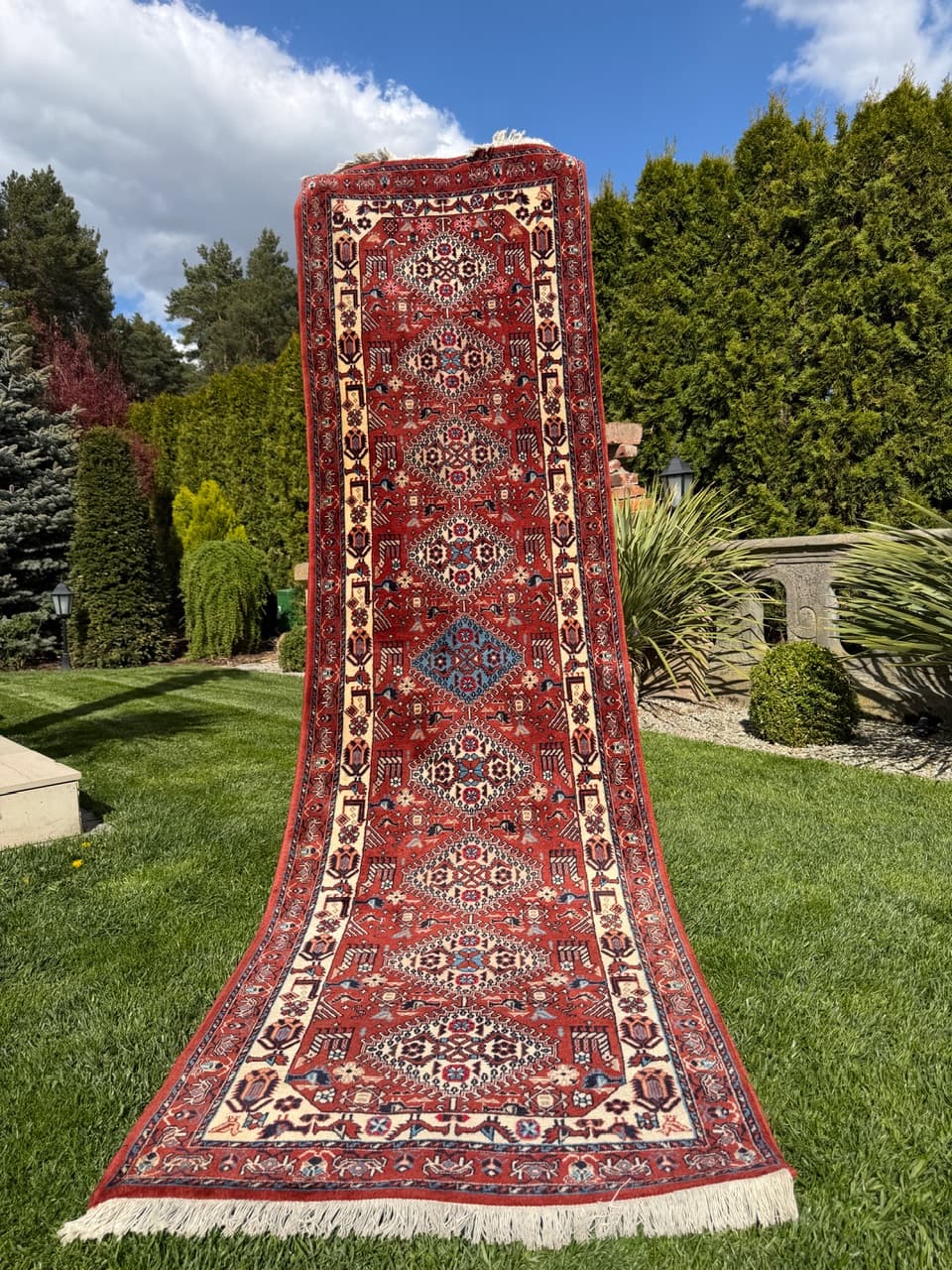 Runner Hamadan Kazak 335x88 cm, red cream blue brown, wool, Iran - 402425