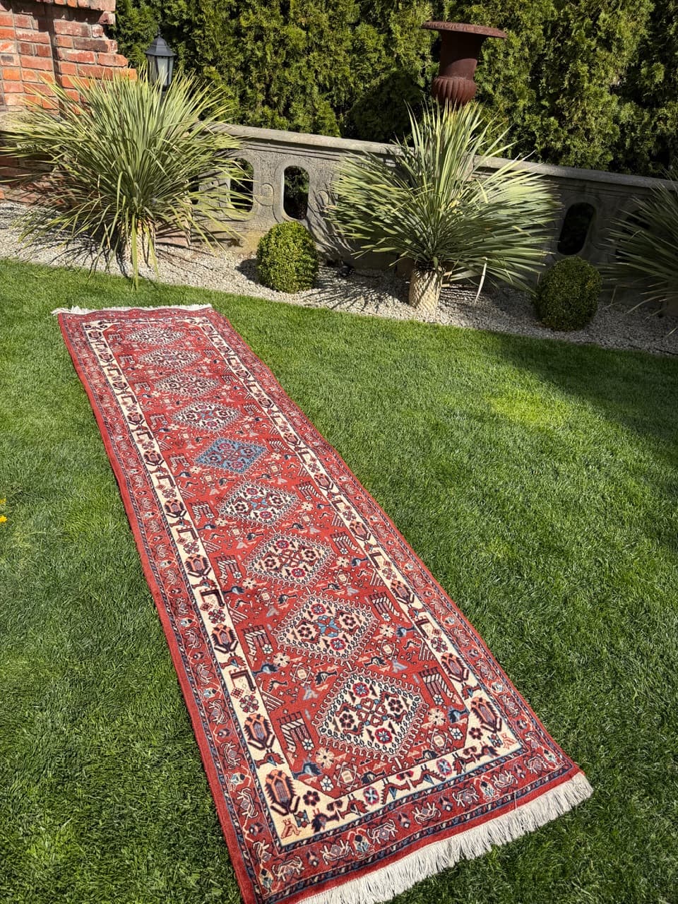 Runner Hamadan Kazak 335x88 cm, red cream blue brown, wool, Iran - 402421