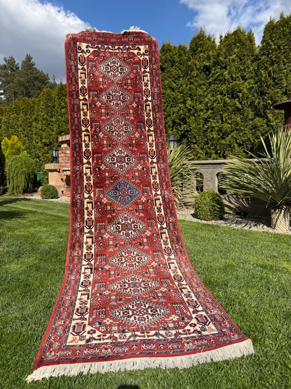 Runner Hamadan Kazak 335x88 cm, red cream blue brown, wool, Iran - 402424