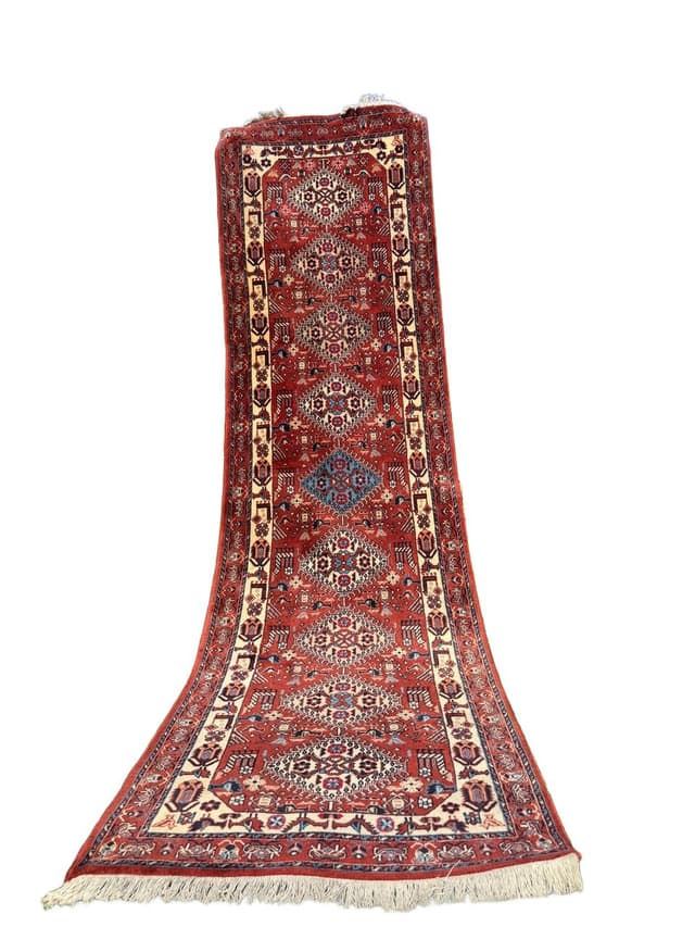 Runner Hamadan Kazak 335x88 cm, red cream blue brown, wool, Iran - DIMENSION
