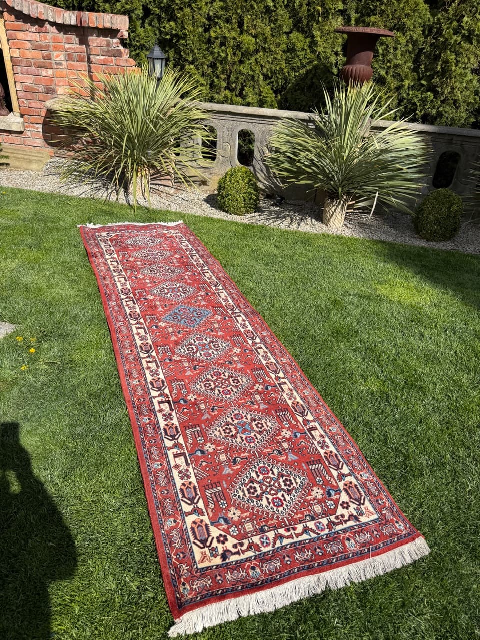 Runner Hamadan Kazak 335x88 cm, red cream blue brown, wool, Iran - 402416