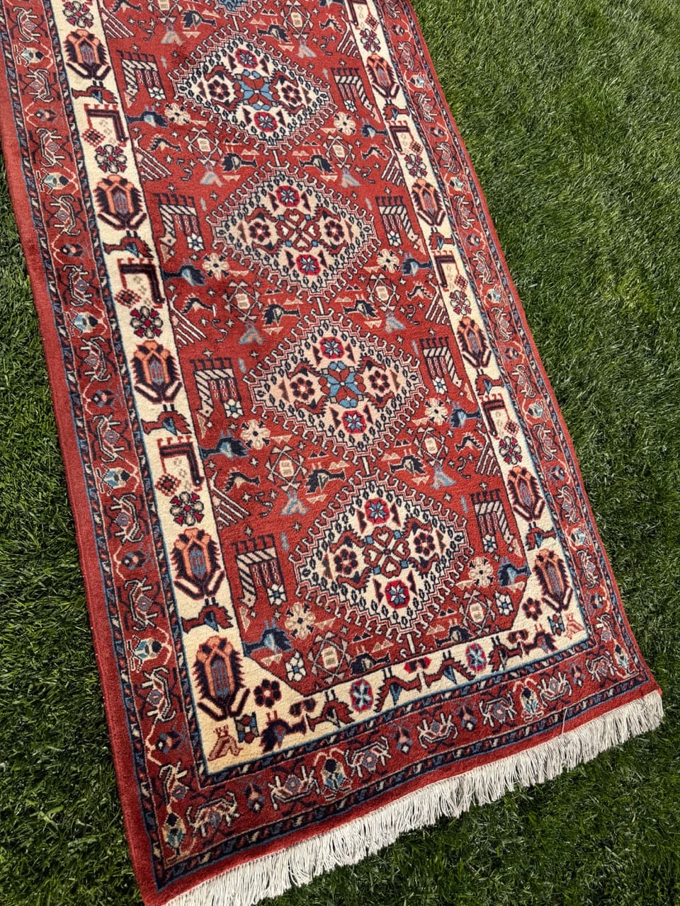 Runner Hamadan Kazak 335x88 cm, red cream blue brown, wool, Iran - 402418