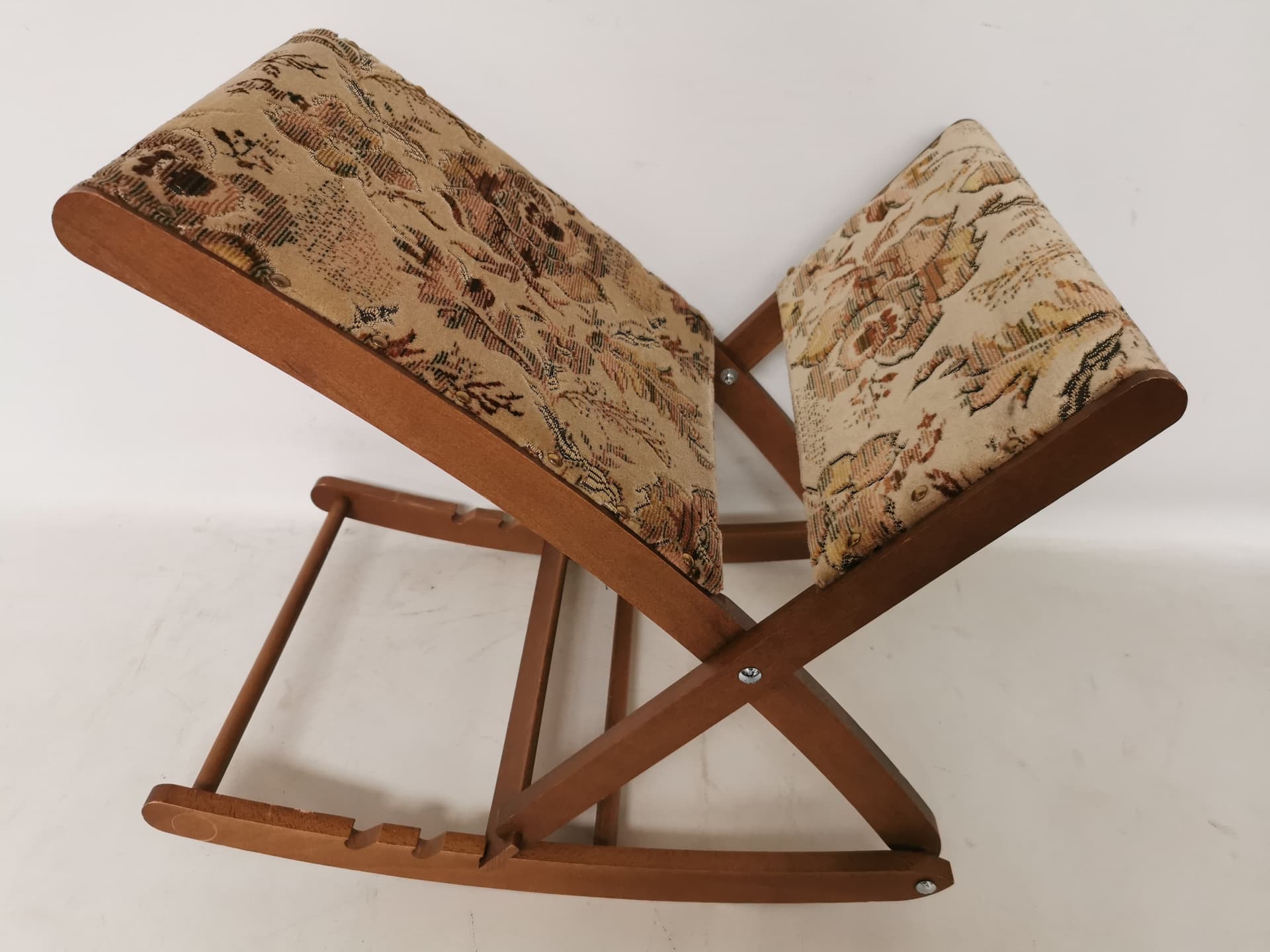 Rocking footstool, brown wood, beige green fabric, 1960s - 402500