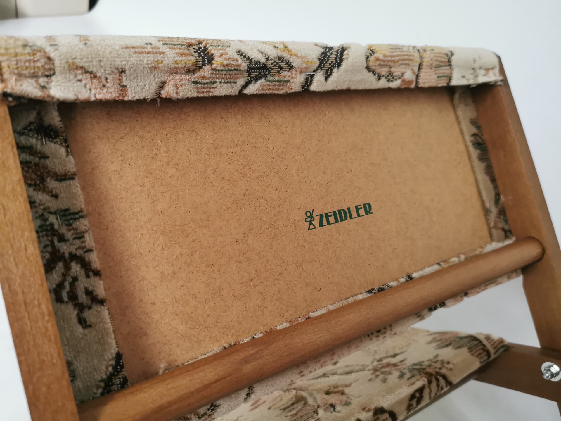 Rocking footstool, brown wood, beige green fabric, 1960s - 402502