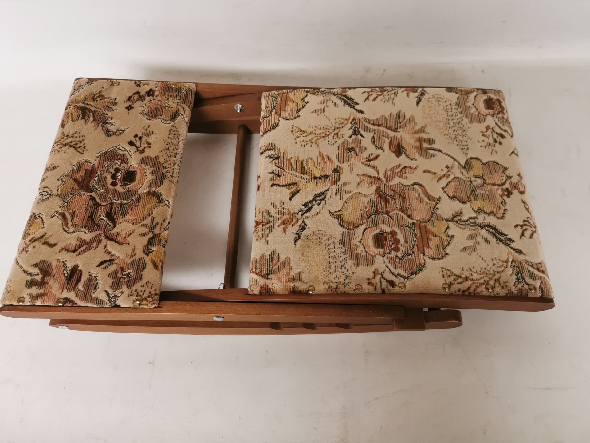 Rocking footstool, brown wood, beige green fabric, 1960s - 402504