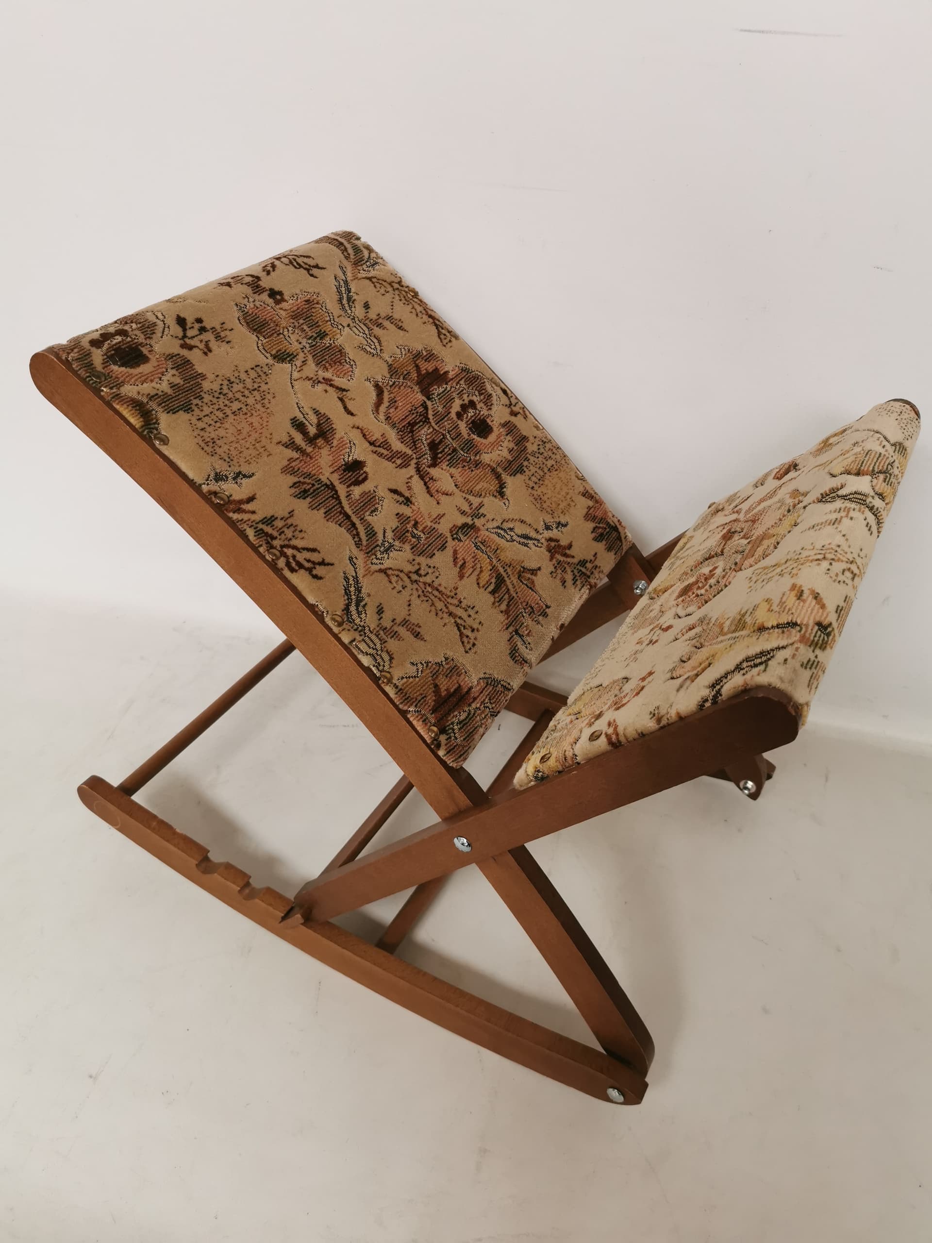 Rocking footstool, brown wood, beige green fabric, 1960s - 402501