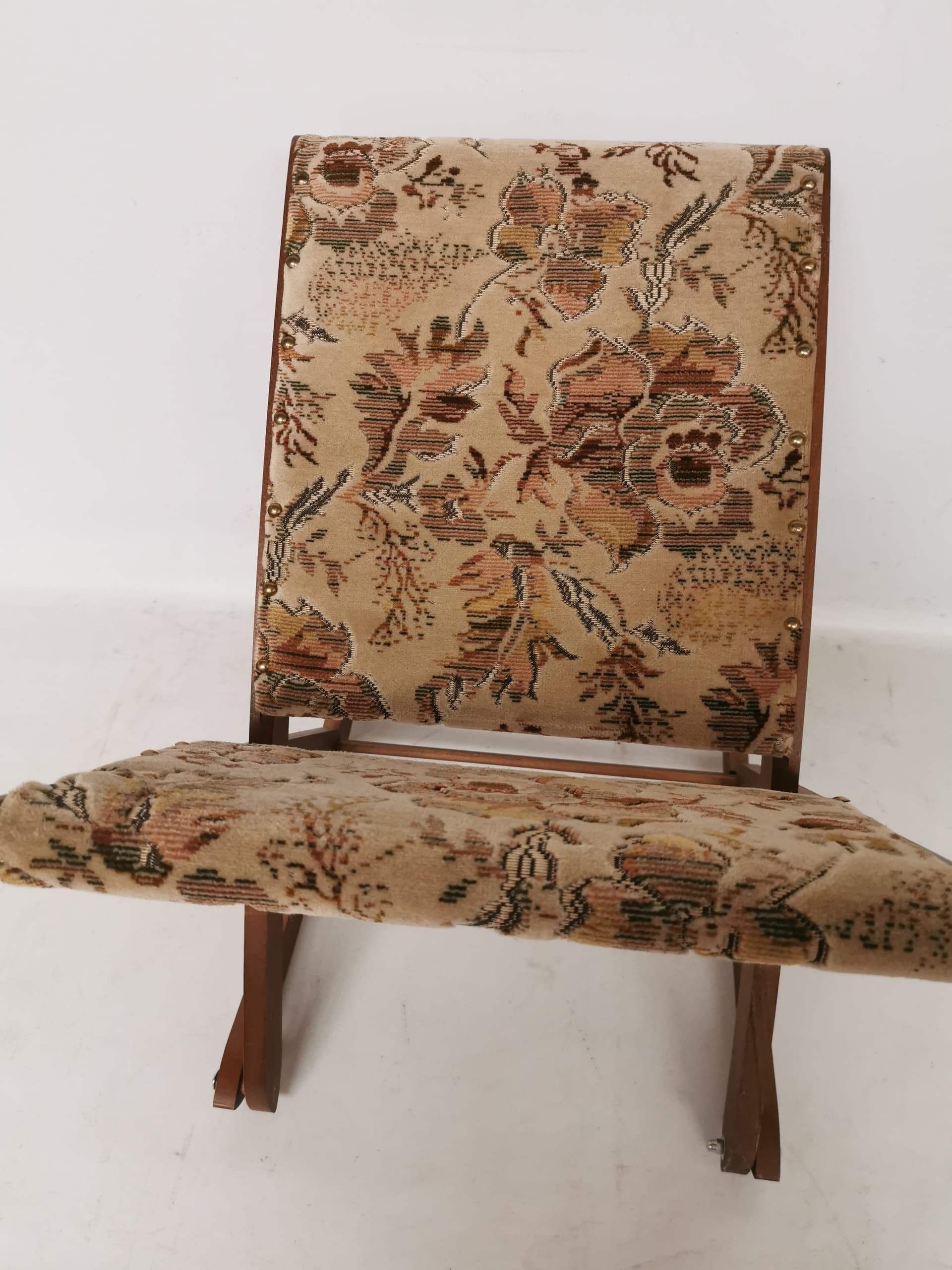 Rocking footstool, brown wood, beige green fabric, 1960s - 402503