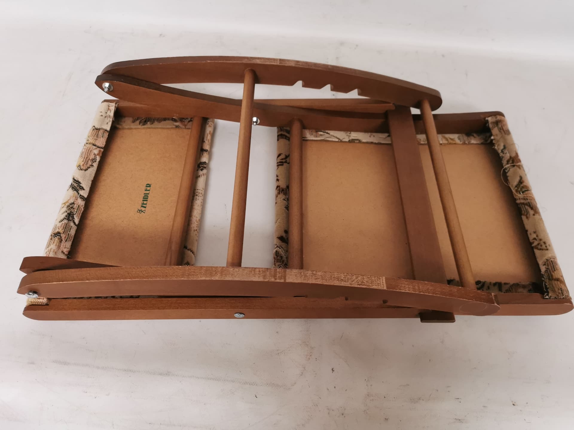 Rocking footstool, brown wood, beige green fabric, 1960s - 402498